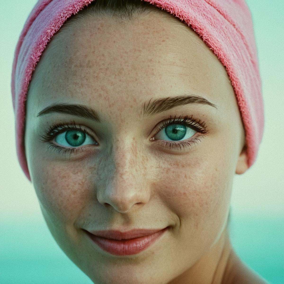 analog film photo of perfection style detailed A cinematic skin texture style still image of a woman with a pink towel on...