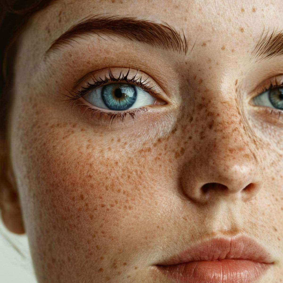 cinematic film still of perfection style detailed A cinematic skin texture style still image of a woman with freckles on h...