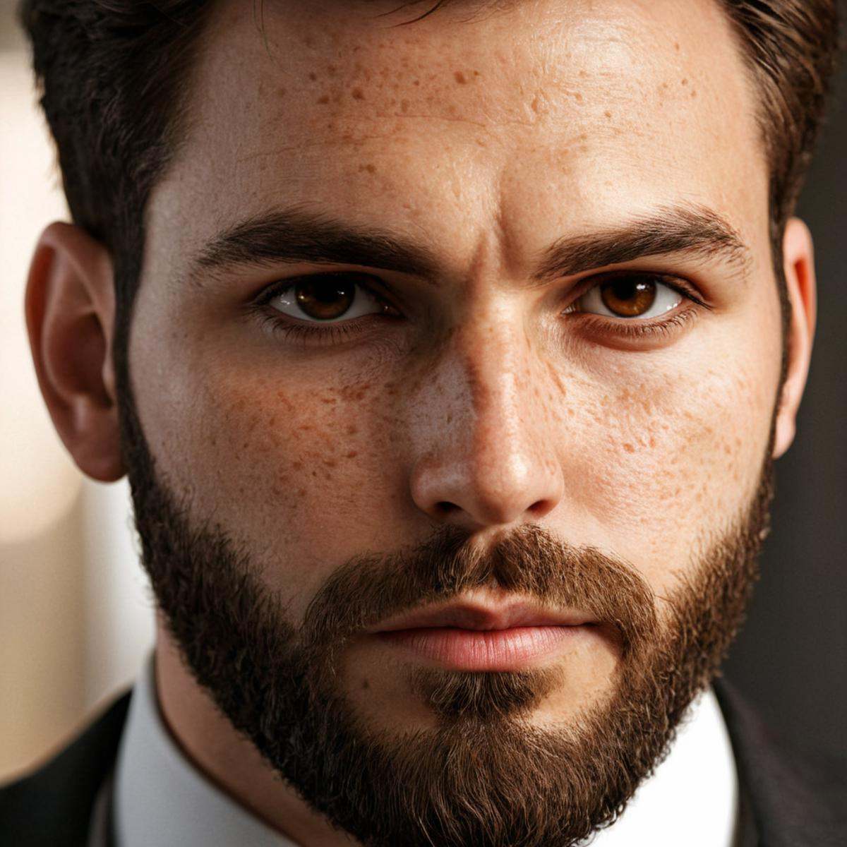 cinematic film still of perfection style detailed A cinematic skin texture style still image of a man with a beard and a t...