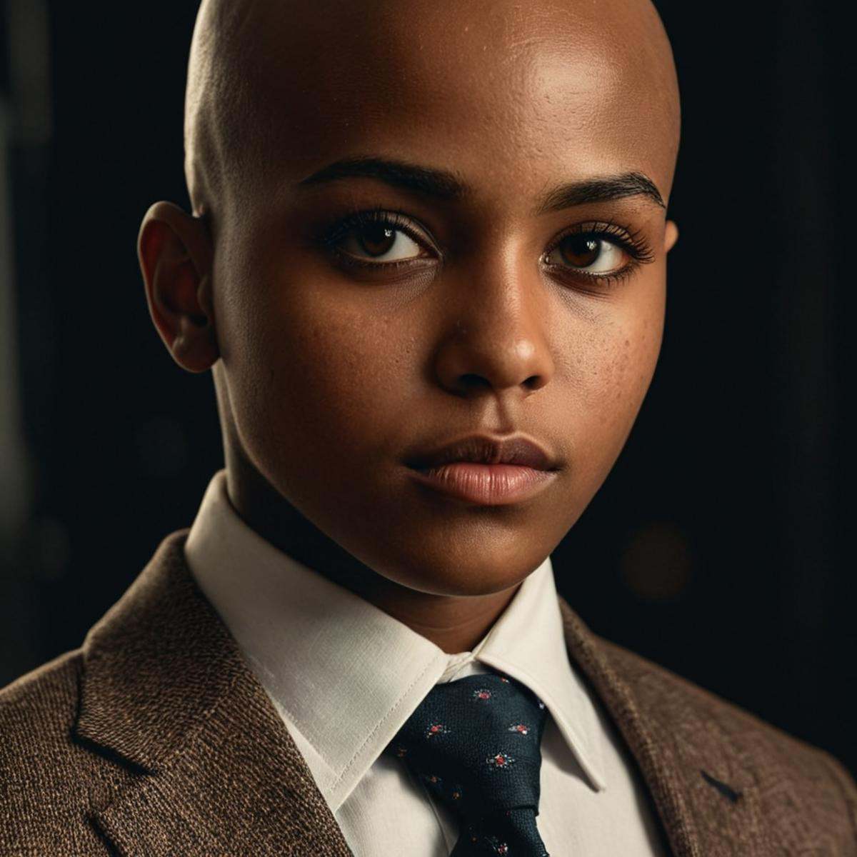 cinematic film still of perfection style detailed A cinematic skin texture style still image of a brownwoman with a bald h...