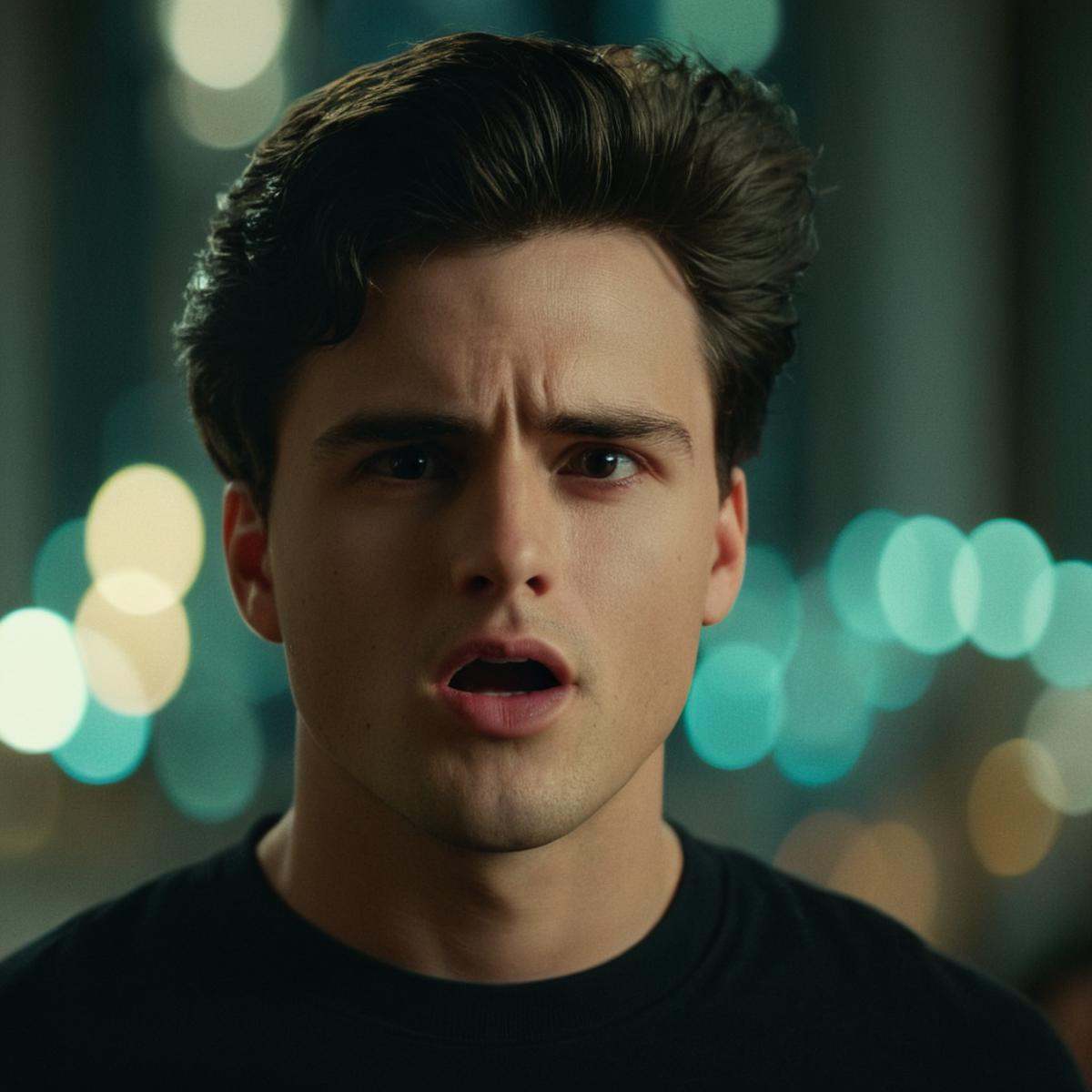 cinematic film still of perfection style detailed Anamorphic bokeh style of a man with a black shirt staring at something,...