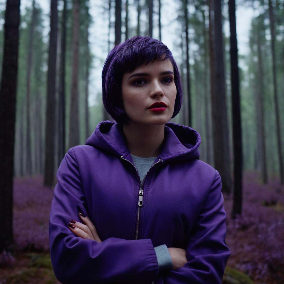 cinematic film still of perfection style detailed A beautiful Anamorphic format film photo of a woman in a purple jacket i...
