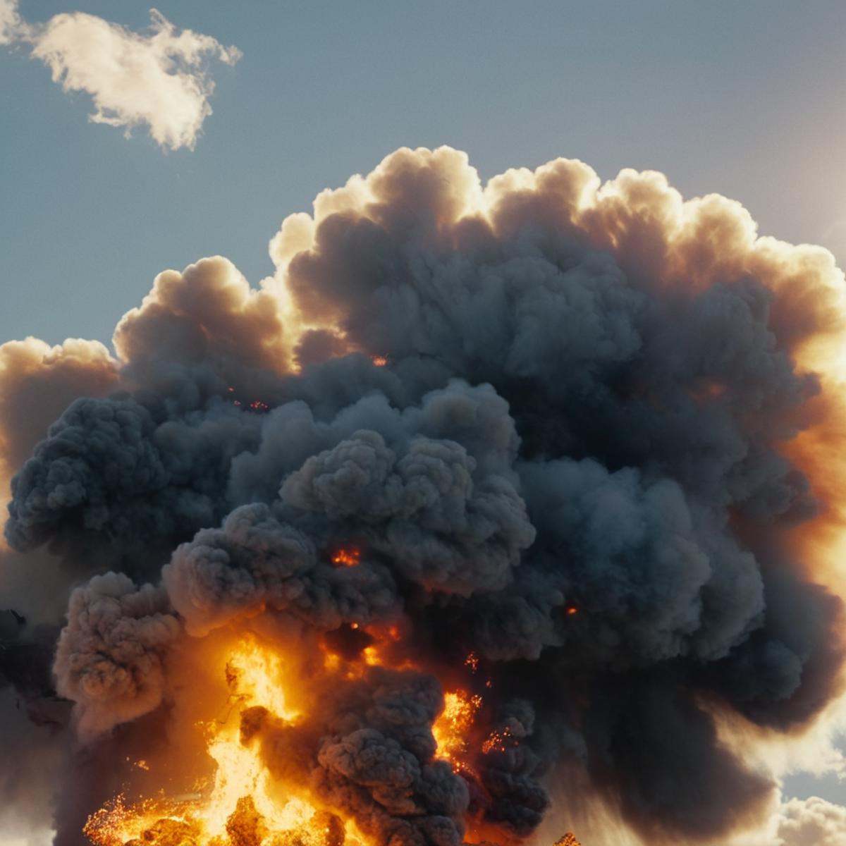 cinematic film still of perfection style detailed Anamorphic bokeh style of a large explosion of smoke and fire in the sky...