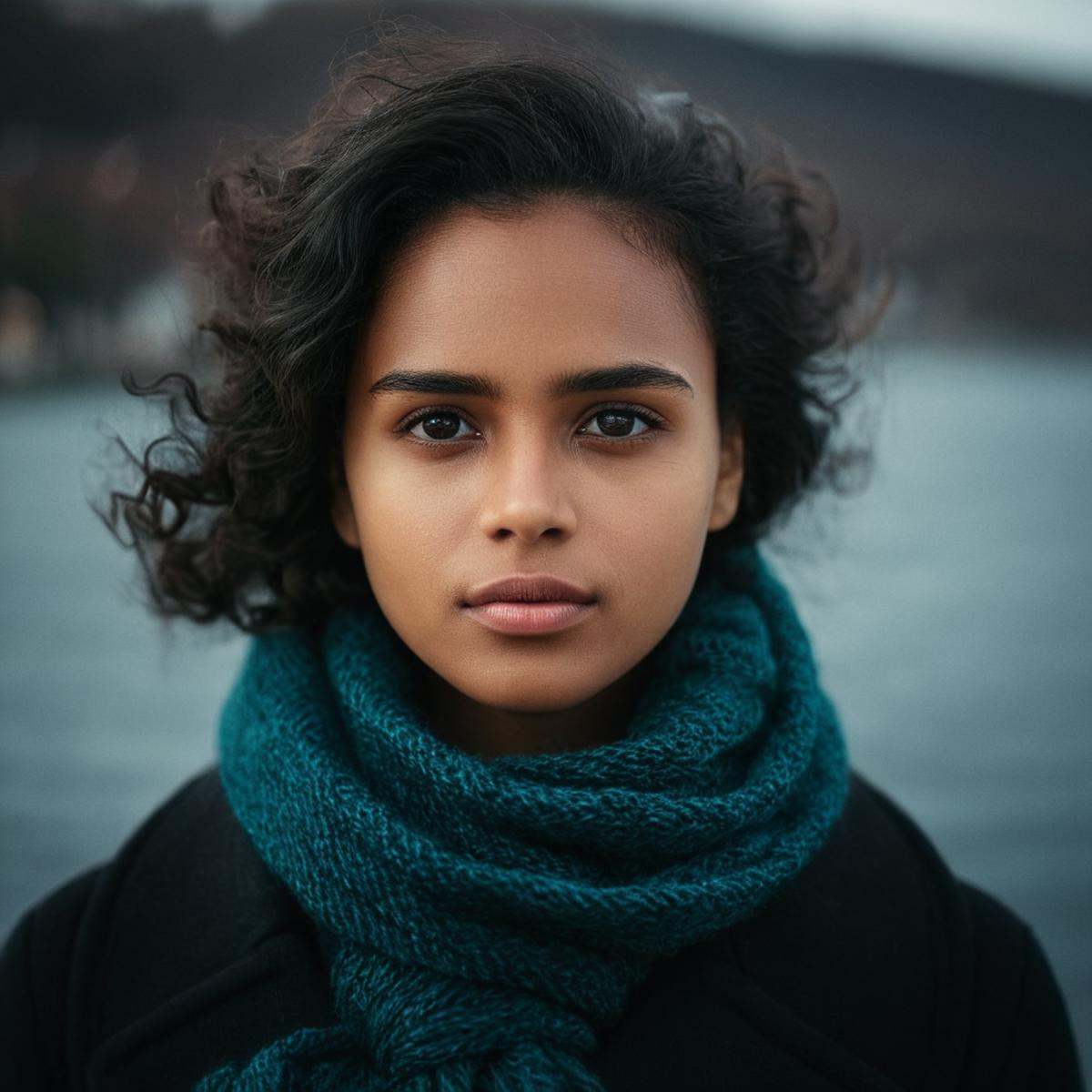 cinematic film still of perfection style detailed Anamorphic bokeh style of a woman standing in front of a body of water,...