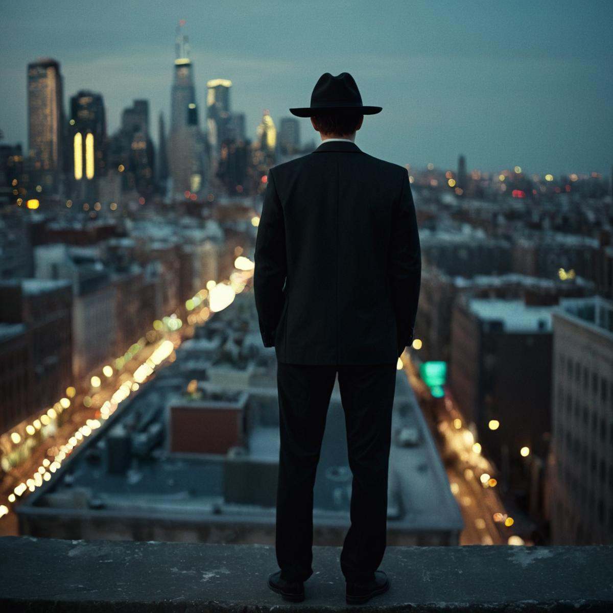 cinematic film still of perfection style detailed Anamorphic bokeh style of a man standing on a ledge looking at a city,...