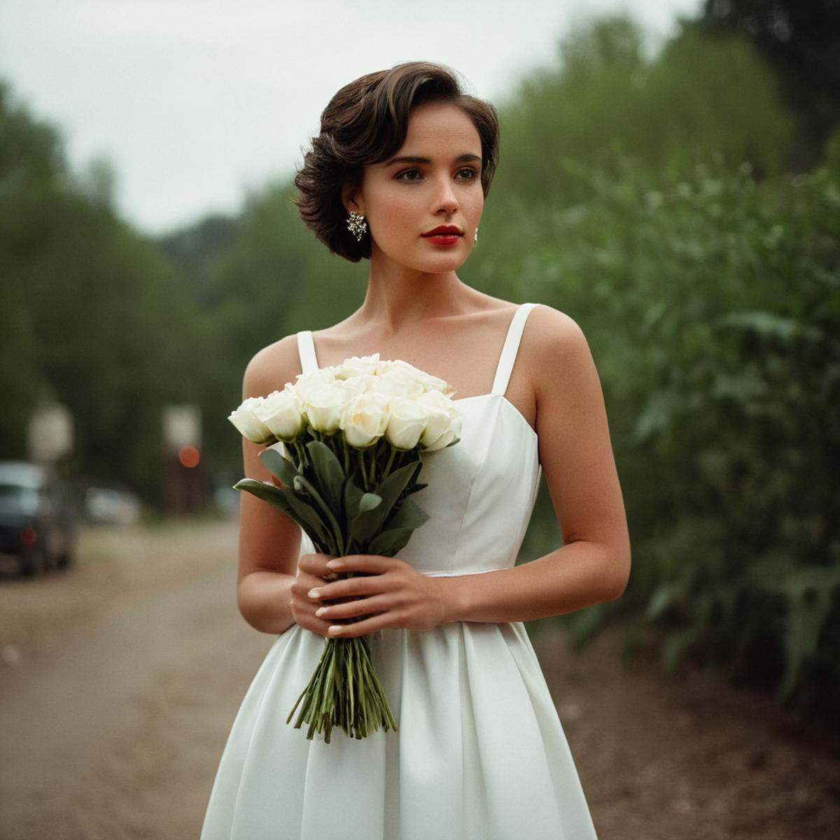 cinematic film still of perfection style detailed A beautiful Anamorphic format film photo of a woman in a white dress hol...