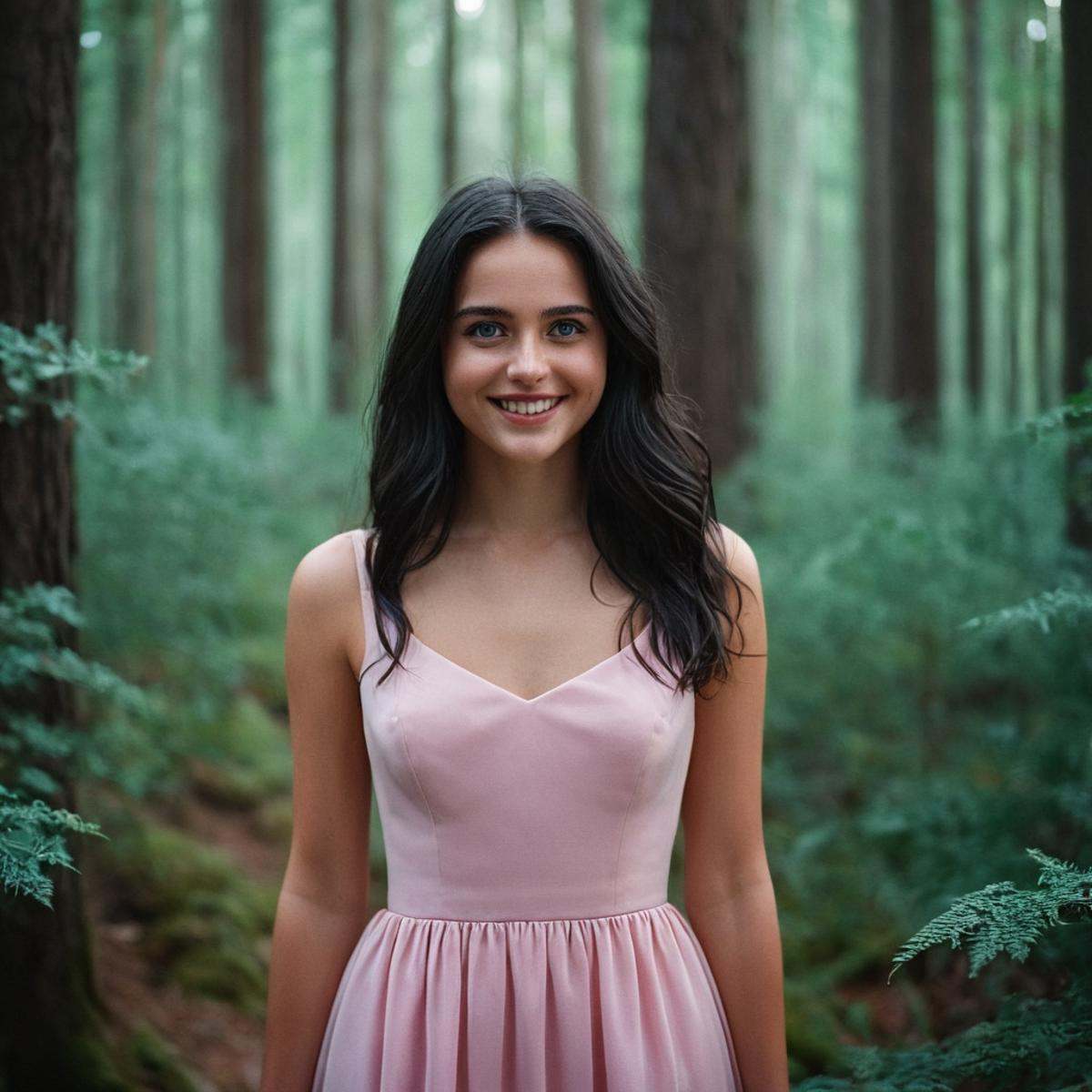 cinematic film still of perfection style detailed Anamorphic bokeh style of a woman in a pink dress standing in a forest,...