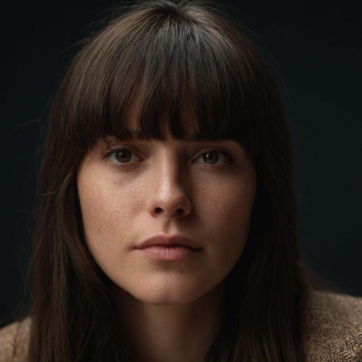 cinematic film still of perfect hands A cinematic skin texture style still image of a woman with long hair and bangs looks...