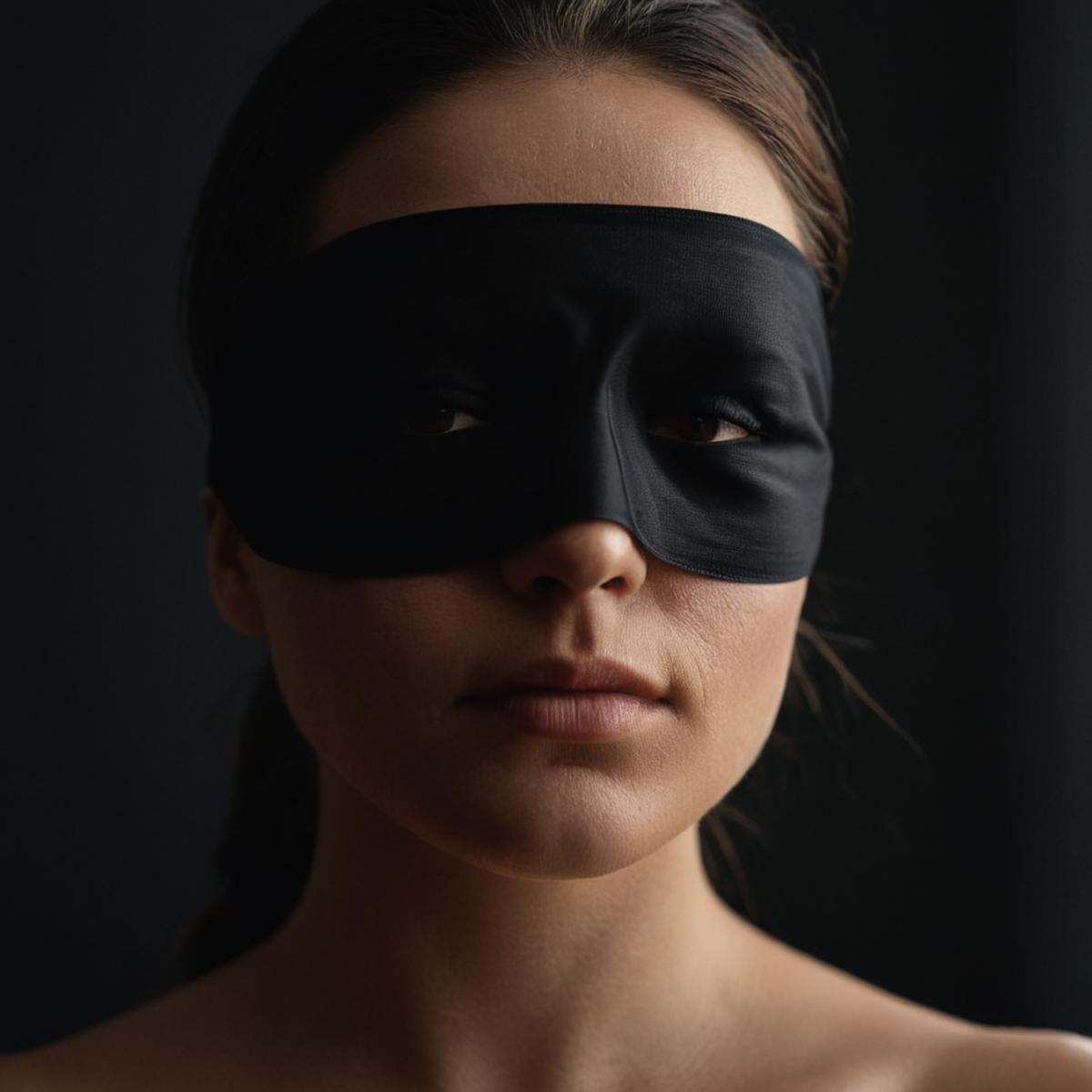 cinematic film still of perfect hands A cinematic skin texture style still image of a woman with a black blindfold coverin...