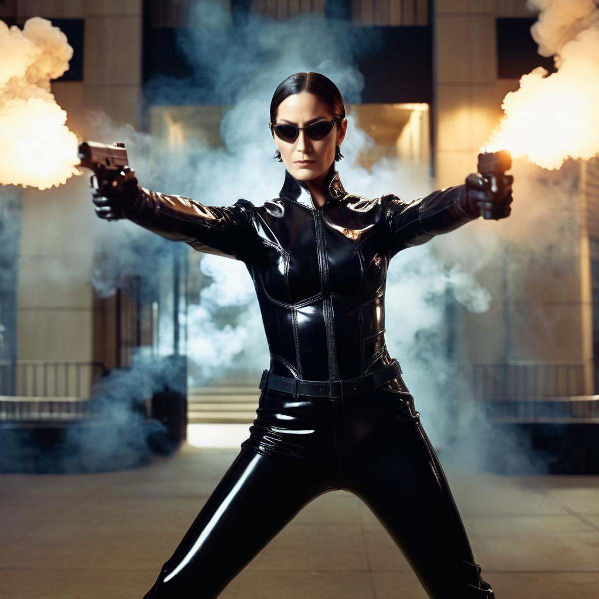 cinematic film still of Trinity a woman in a black latex outfit and sunglasses holding two guns with smoke explosion in ba...