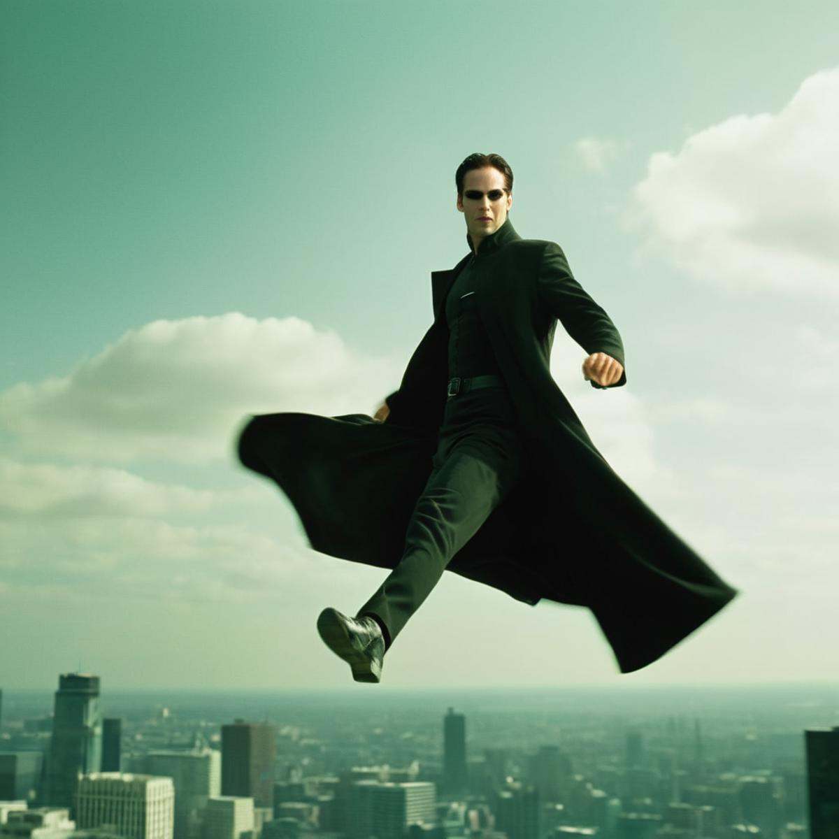 cinematic film still of Neo the one,  flying in air,  in sky on Tensor.Art