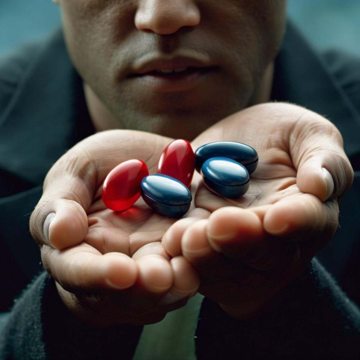 cinematic film still of Morpheus a person folding his two hands,  holding a red pill in one hand,  and a blue pill in anot...