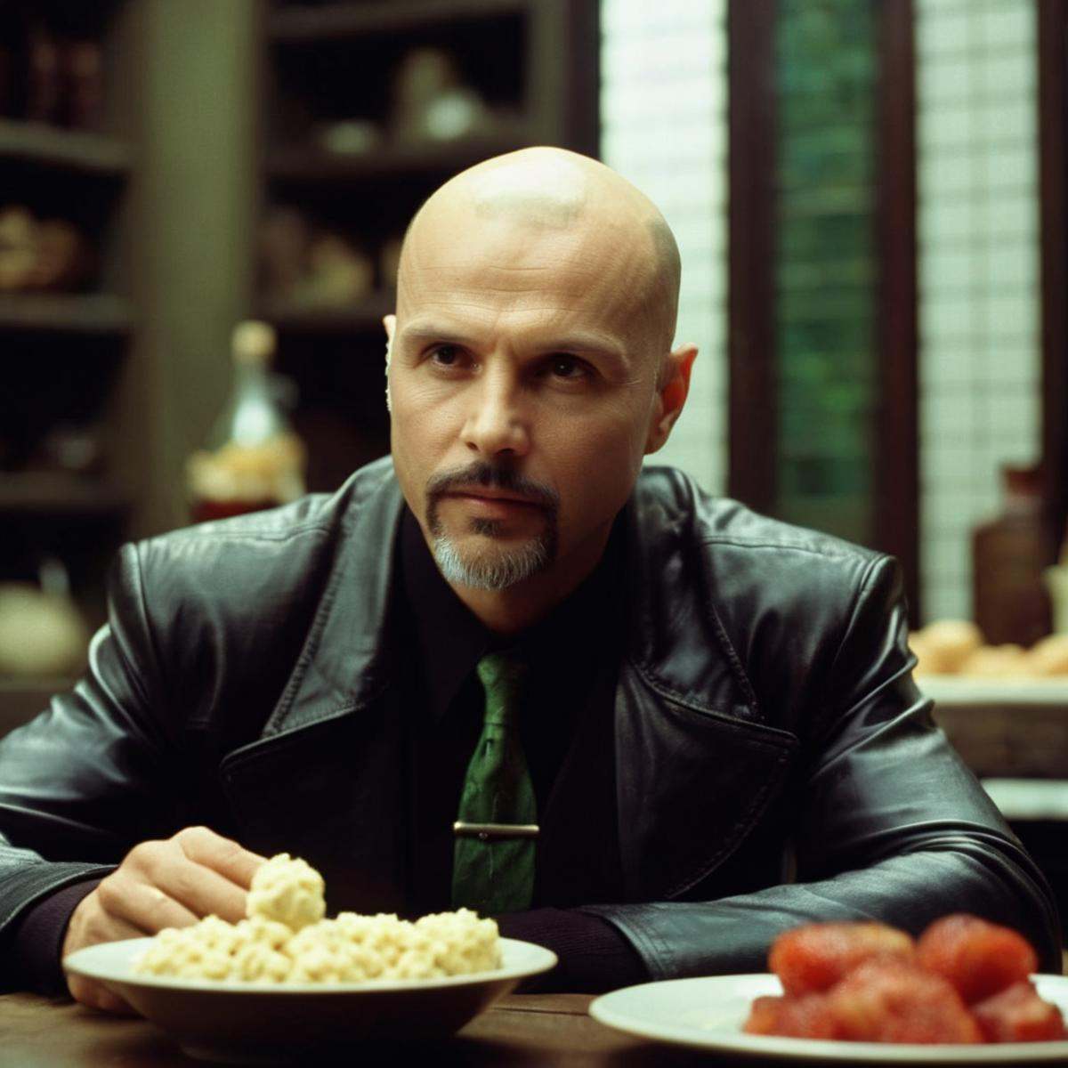 cinematic film still of Joe Pantoliano Cypher a bald man sitting at a table with food staring at someone in front of camer...