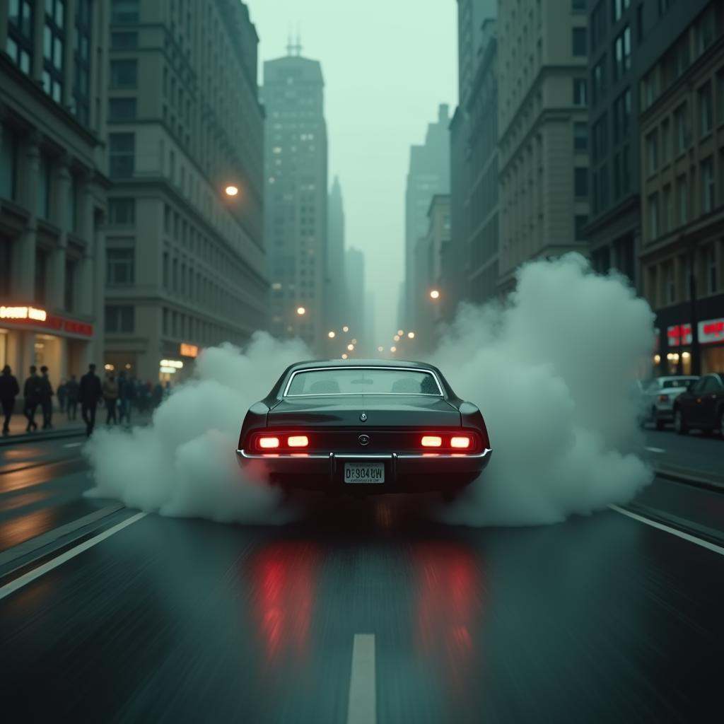 cinematic film still of Open world,  In the matrix style a car is driving down a street with a lot of smoke coming out of...