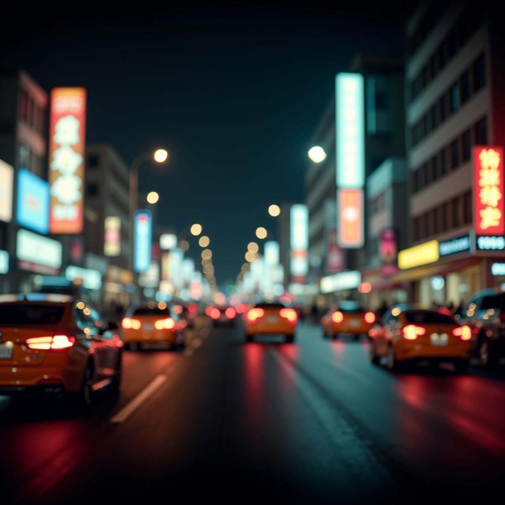 cinematic film still of Anamorphic bokeh style of a city street at night with cars and neon signs,  detailed style,  sharp...