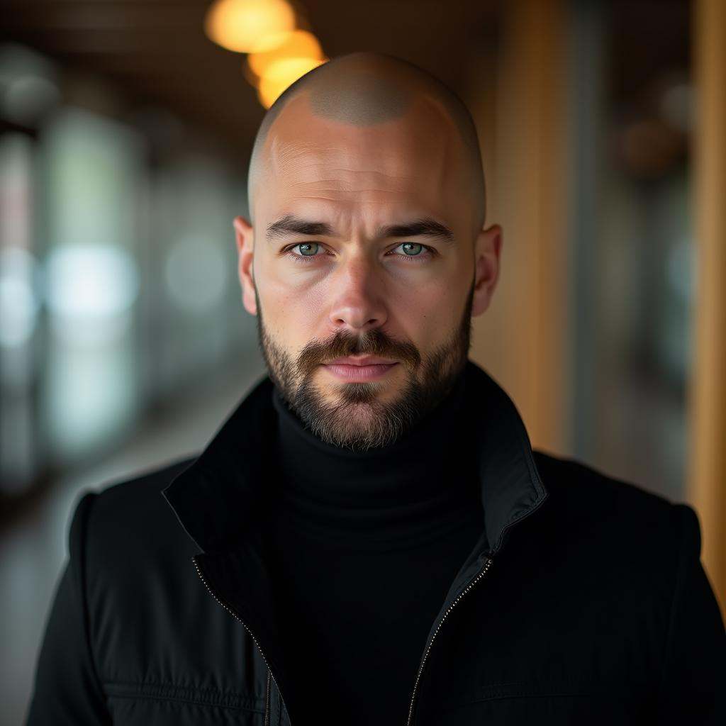 Anamorphic bokeh style of a bald man in a black turtle neck shirt and black jacket,  detailed style,  sharp style on Tenso...