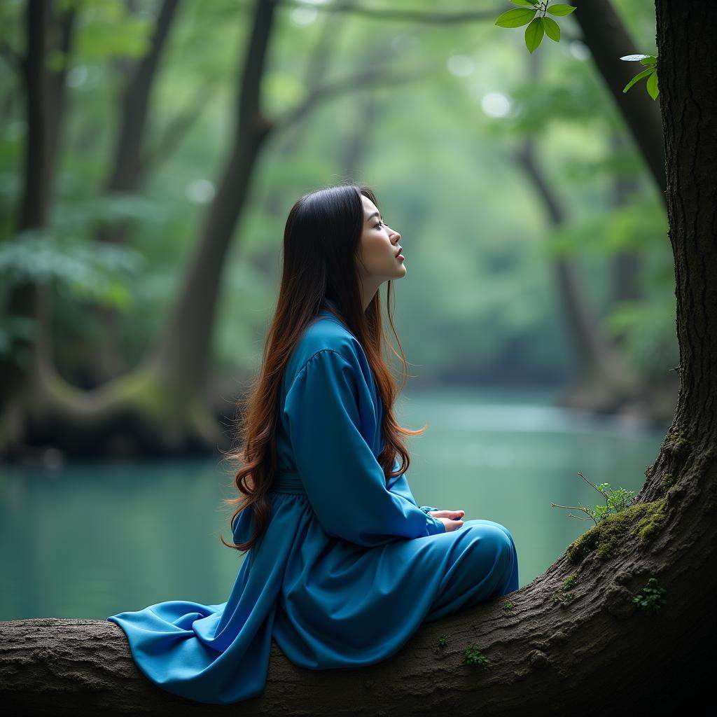 cinematic film still of Anamorphic bokeh style of a woman in a blue robe is sitting on a tree,  detailed style,  sharp sty...