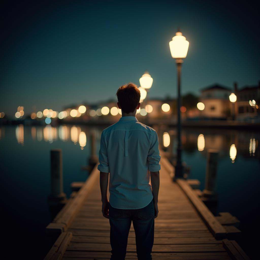 Anamorphic bokeh style of a man standing on a dock at night,  detailed style,  sharp style on Tensor.Art