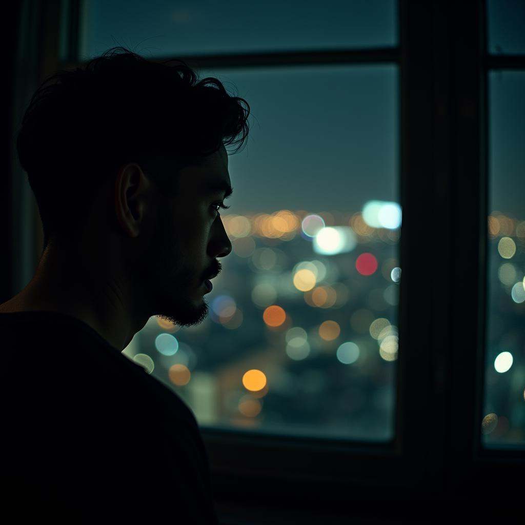 cinematic film still of Anamorphic bokeh style of a man looking out a window at a city at night,  detailed style,  sharp s...