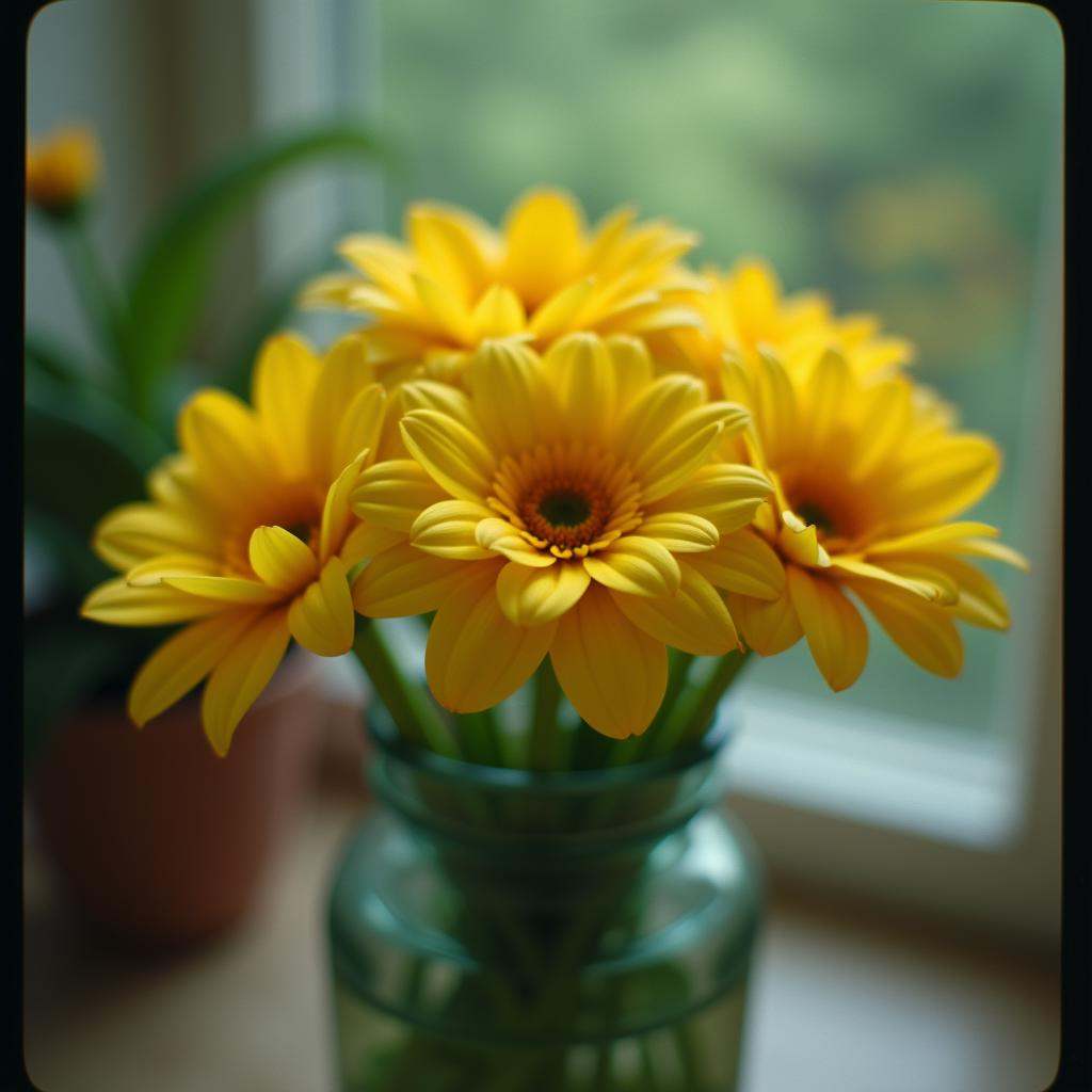 cinematic film still of Anamorphic bokeh style of a bunch of yellow flowers in a vase,  detailed style,  sharp style on Te...