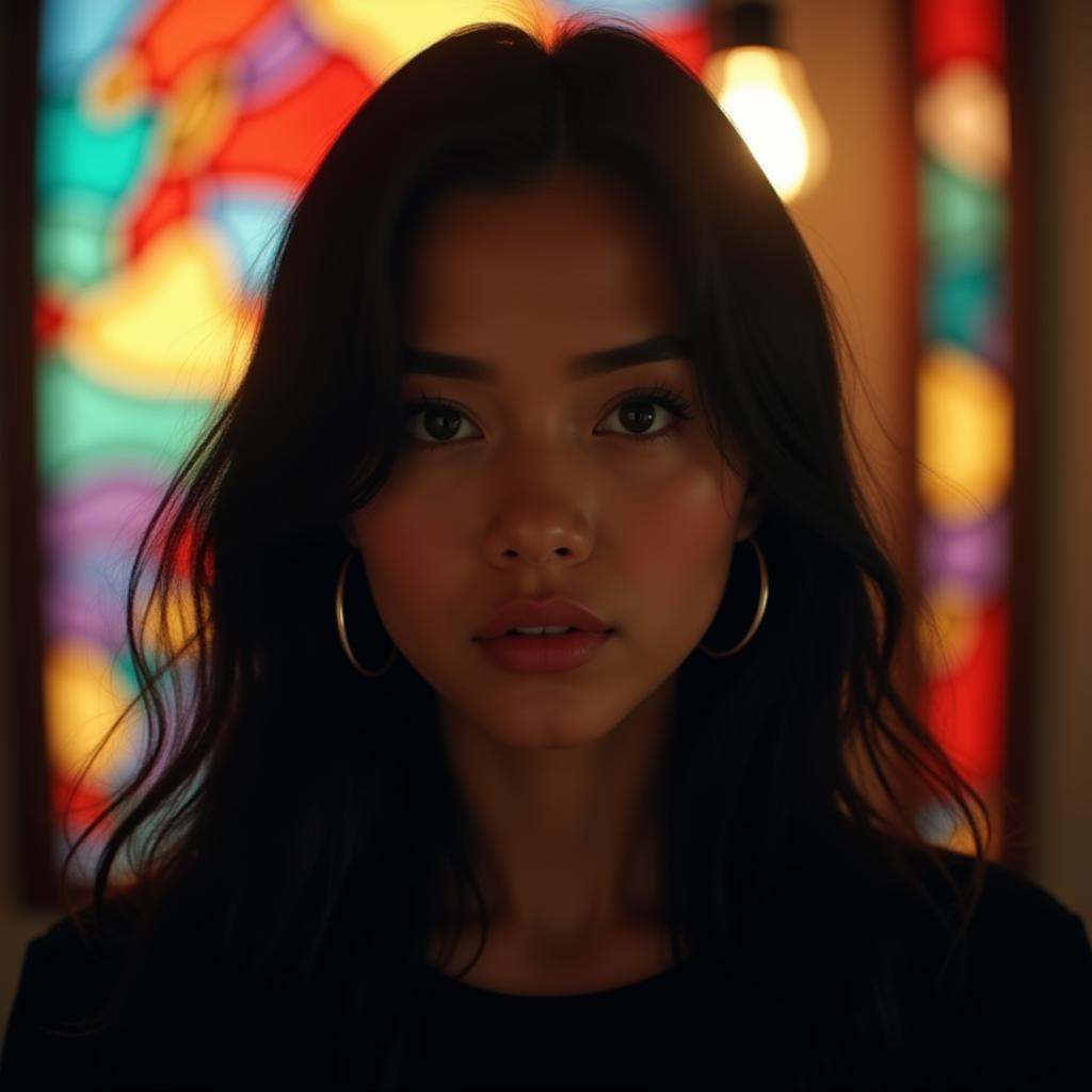 cinematic film still of Anamorphic bokeh style of a woman with a black shirt and a colorful background,  detailed style,...
