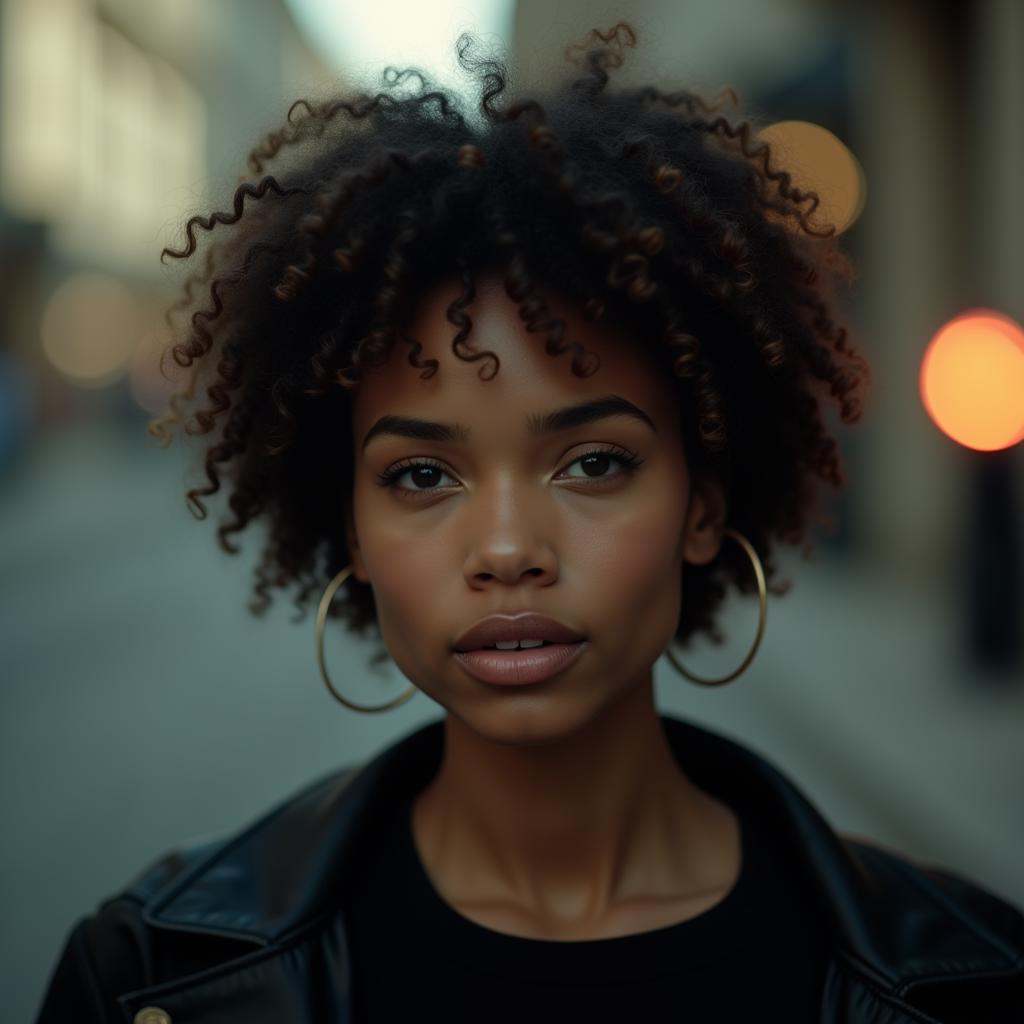 cinematic film still of Anamorphic bokeh style of a woman with a black shirt and a black jacket,  detailed style,  sharp s...