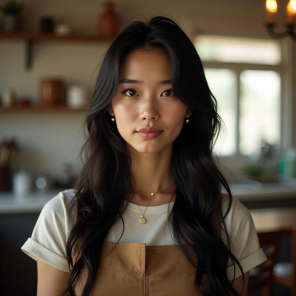 Anamorphic bokeh style of a woman with long hair and an apron,  detailed style,  sharp style on Tensor.Art
