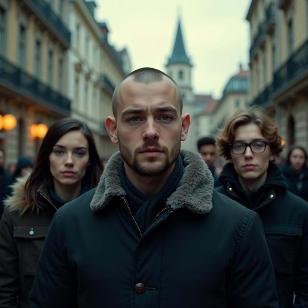 cinematic film still of Anamorphic bokeh style of a group of people standing around a building,  detailed style,  sharp st...