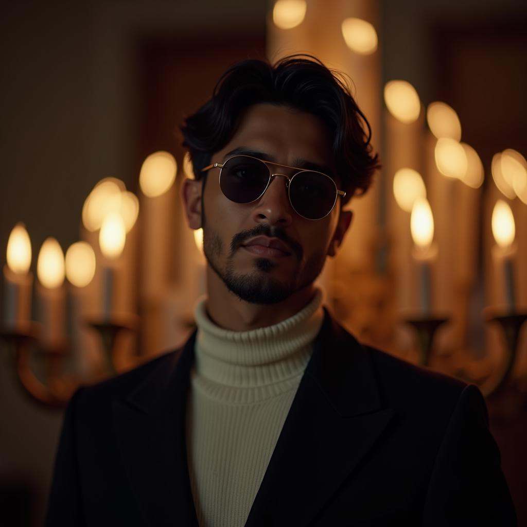 Anamorphic bokeh style of a man in a suit and tie standing in front of a bunch of candles,  detailed style,  sharp style o...