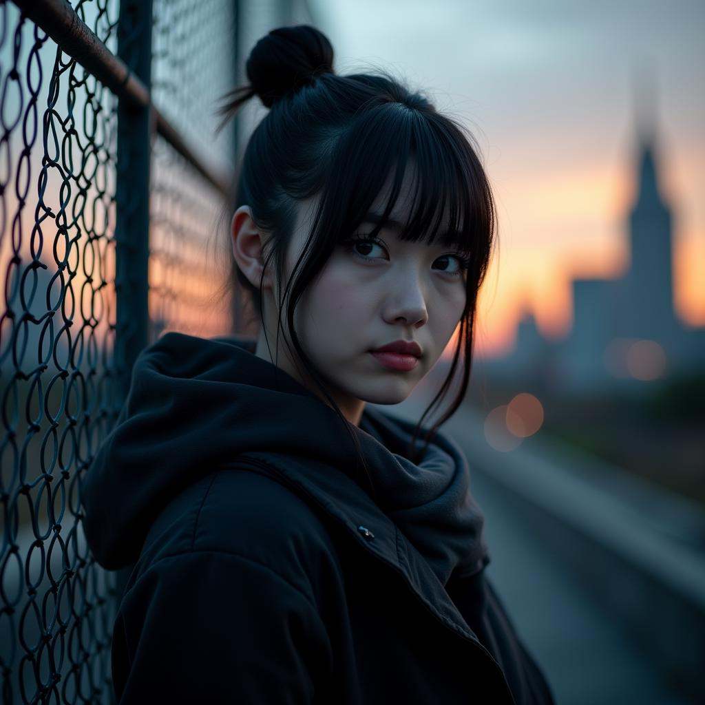 cinematic film still of Anamorphic bokeh style of a woman standing in front of a fence with a city in the background,  det...