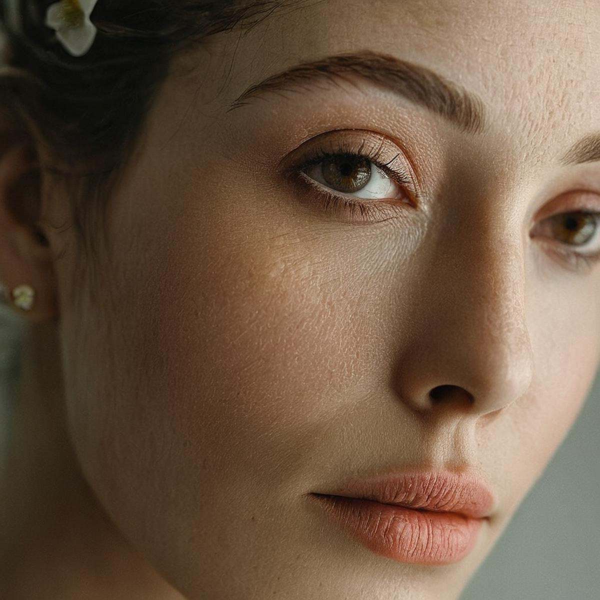 cinematic film still of very detailed skin poreA cinematic skin texture style still image of a woman with a flower in her...