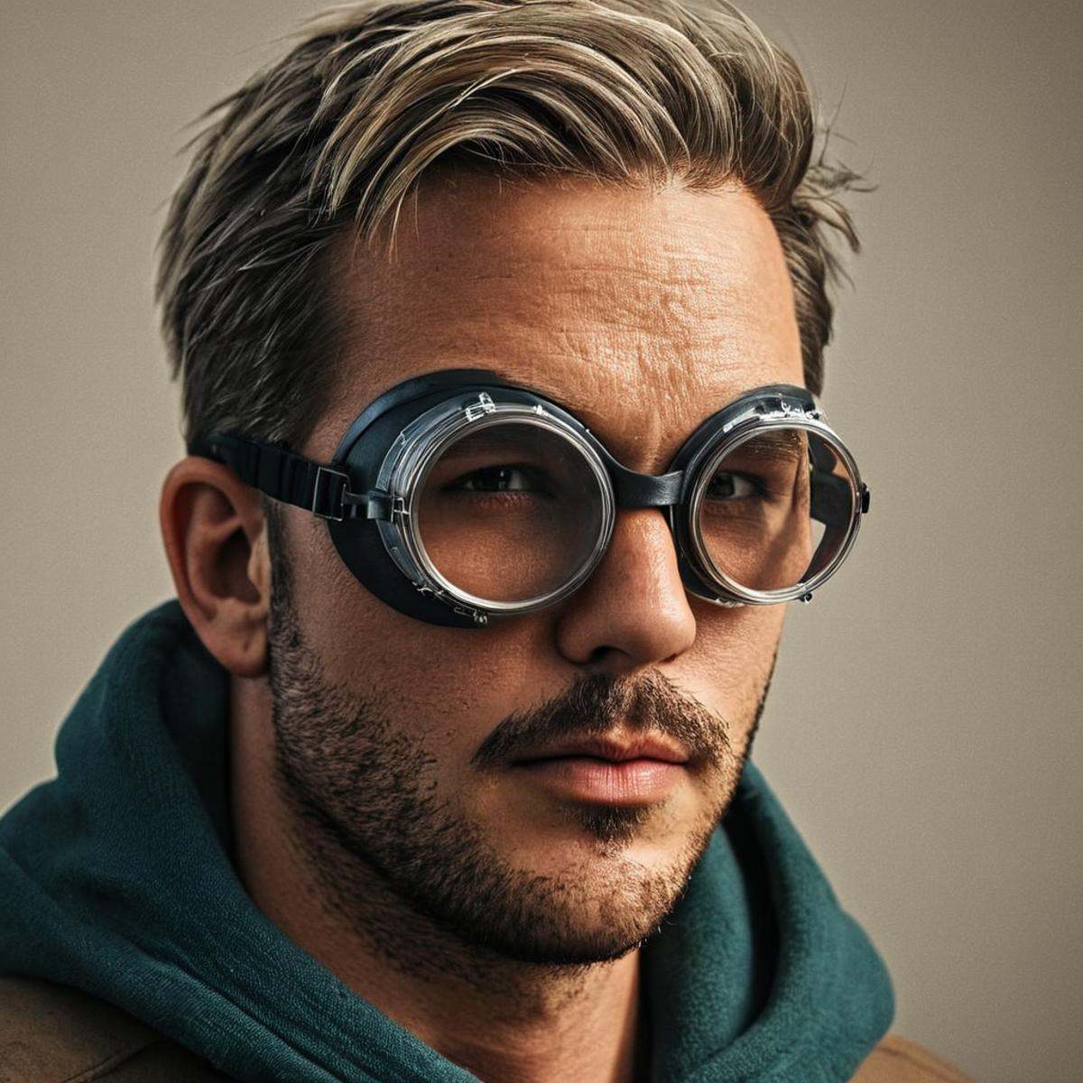 Hyperrealistic art of very detailed skin pore perfectionA cinematic skin texture style still image of a man with goggles a...