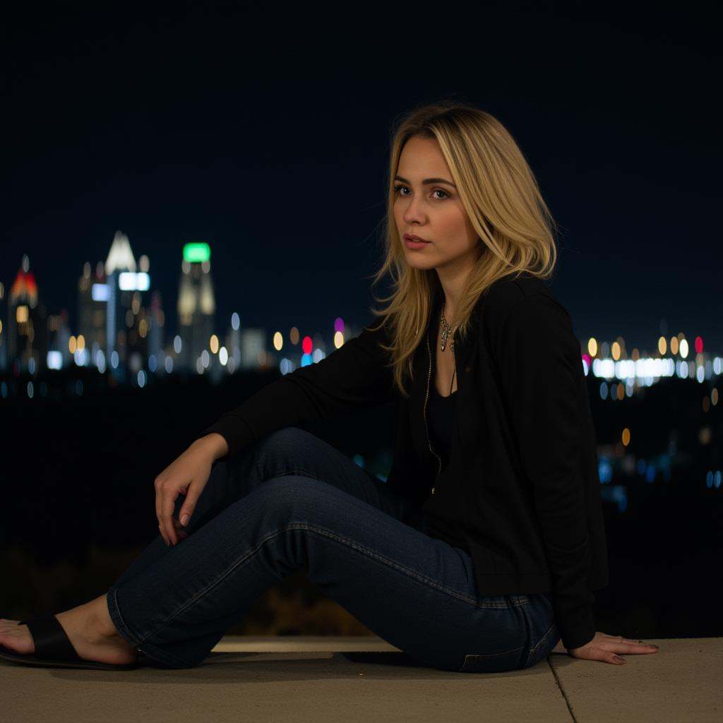 cinematic film still of Anamorphic bokeh style of a woman sitting on a ledge looking at the city,  detailed style,  sharp...