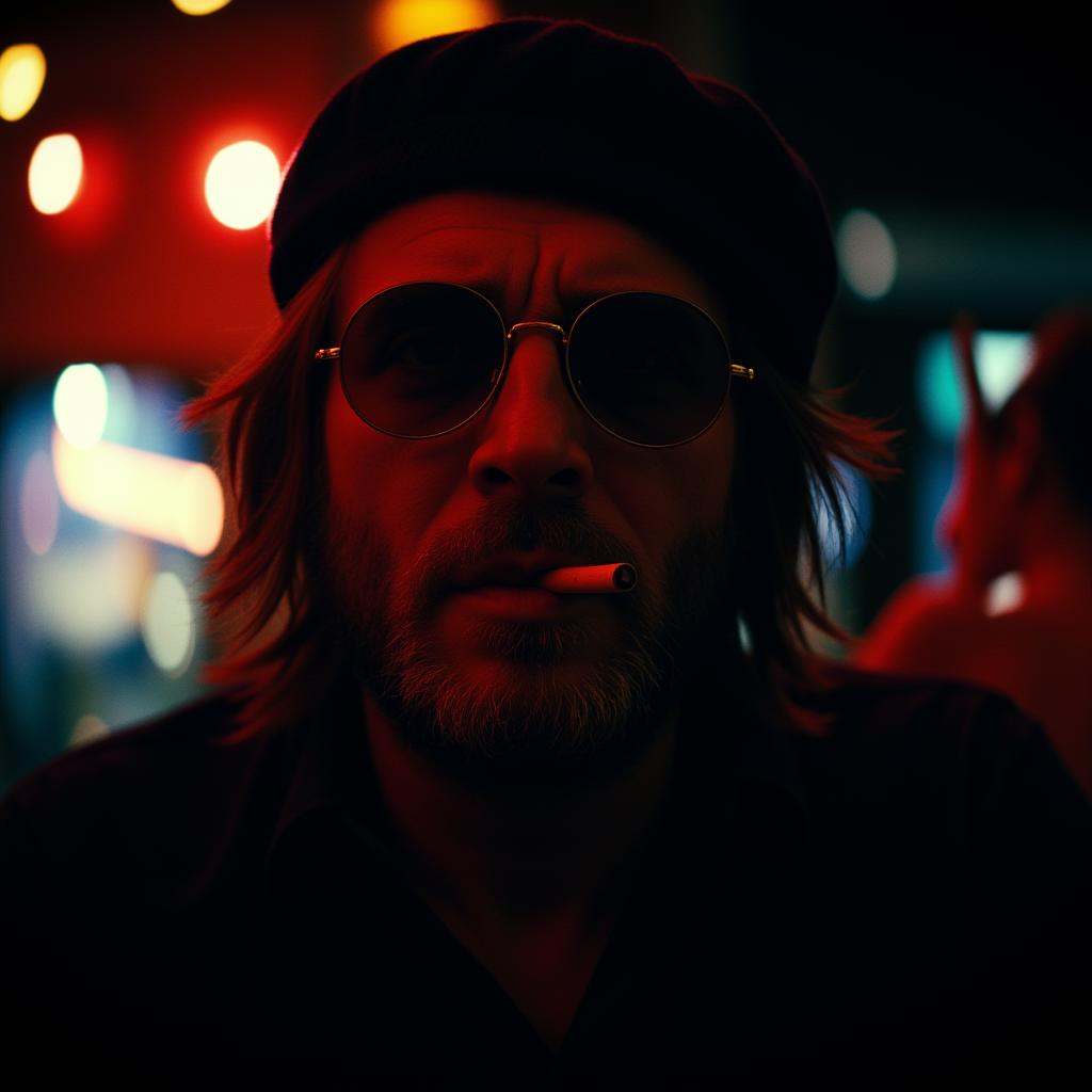 cinematic film still of Anamorphic bokeh style of a man with a cigarette in his mouth,  detailed style,  sharp style on Te...