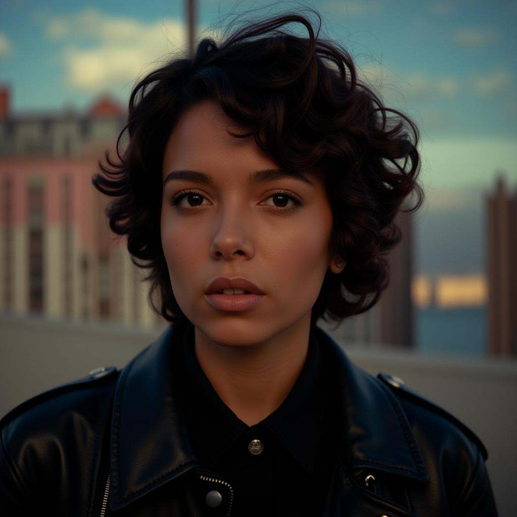 analog film photo of Anamorphic bokeh style of a woman with a black shirt and a black jacket,  detailed style,  sharp styl...