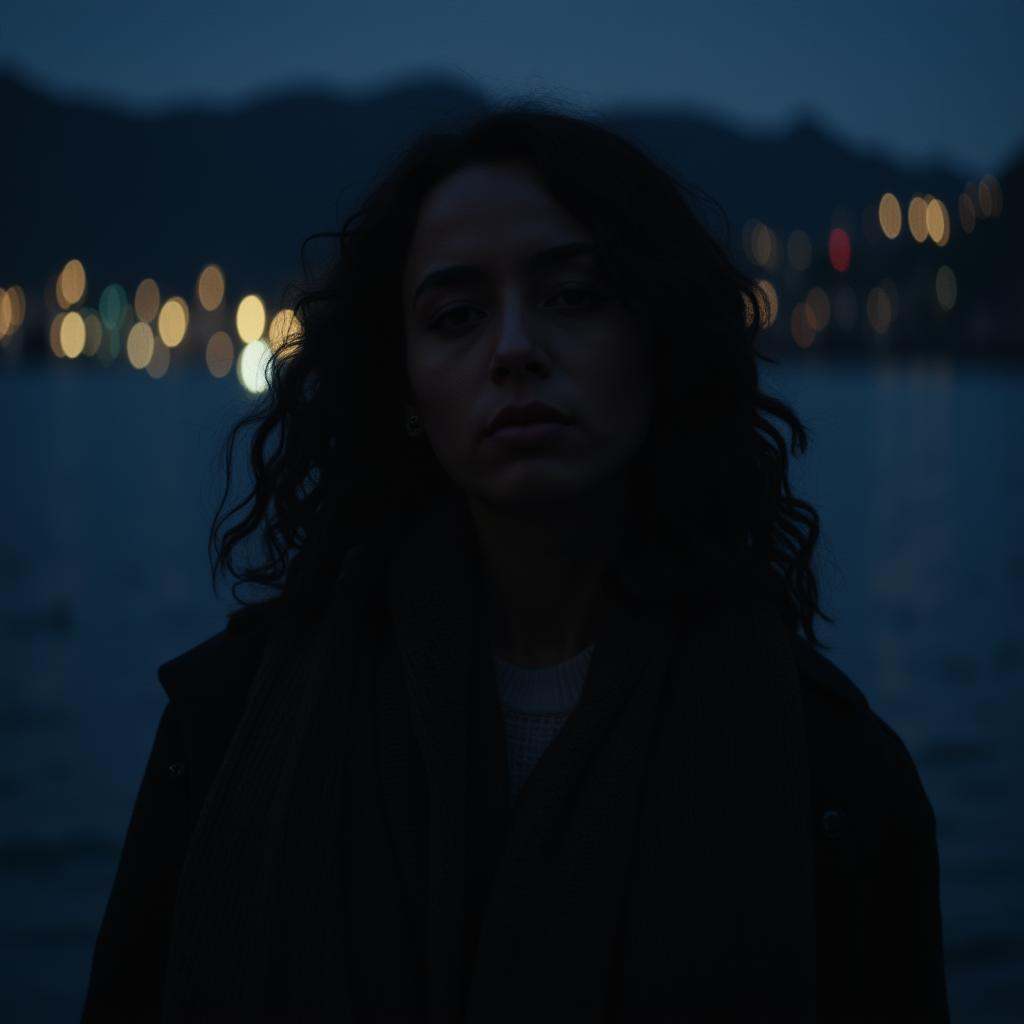 cinematic film still of Anamorphic bokeh style of a woman standing in front of a body of water,  detailed style,  sharp st...