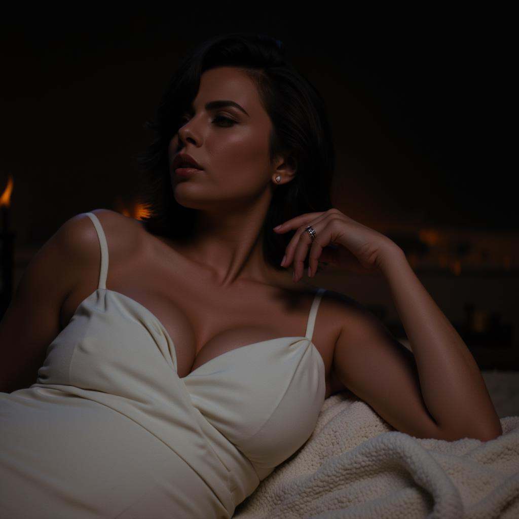 cinematic film still of Anamorphic bokeh style of a woman in a white dress sitting on a blanket,  detailed style,  sharp s...