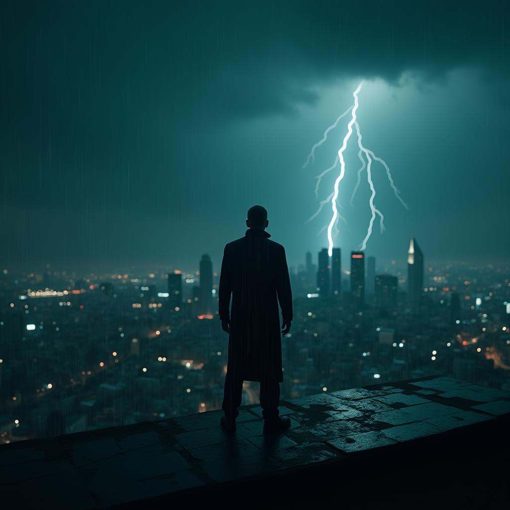 In the matrix style a man standing on a platform looking at a city,  cinematic,  film on Tensor.Art