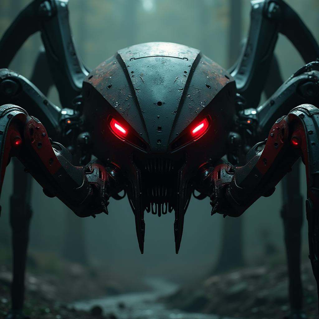 Machines,  In the matrix style a robot with red eyes and a large spider like body,  cinematic on Tensor.Art