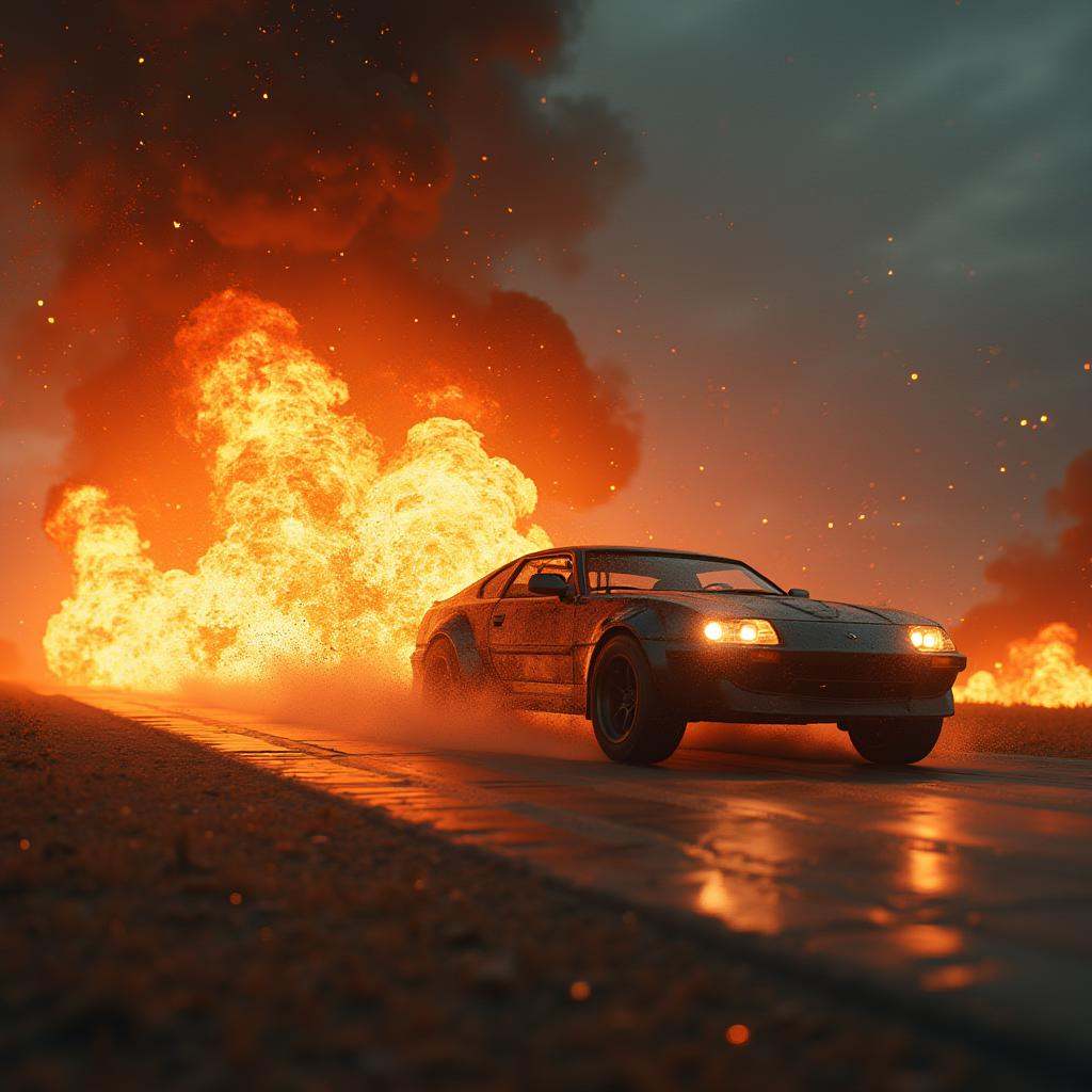 Open world,  In the matrix style a car is flying through the air in front of a fire on Tensor.Art