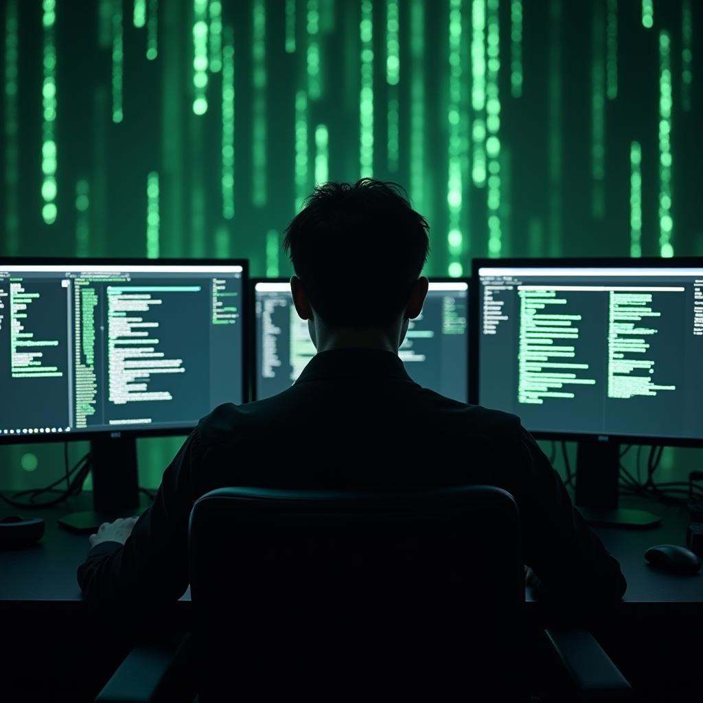In the matrix style a man sitting in front of a bunch of monitors,  cinematic,  film on Tensor.Art
