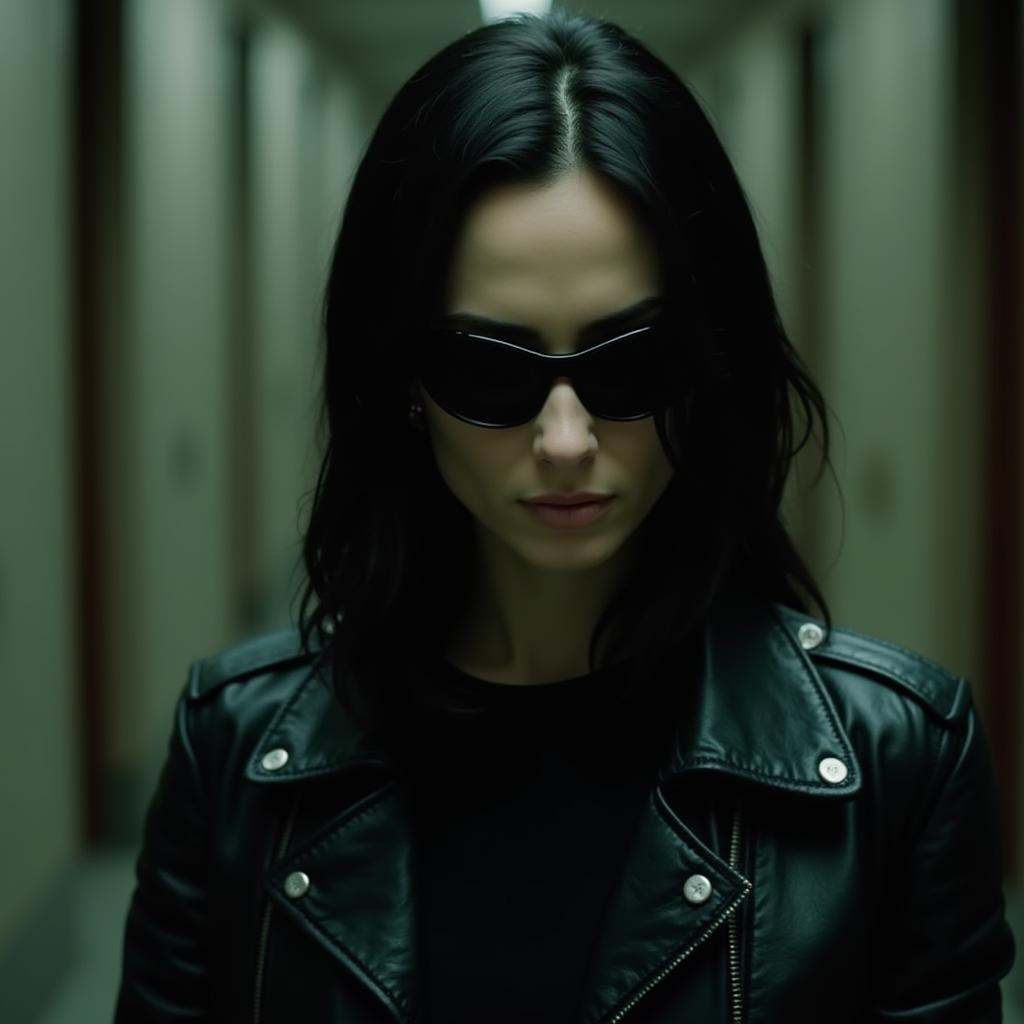Carrie-Anne Moss,  Trinity,  In the matrix style a woman in a leather jacket and sunglasses on Tensor.Art