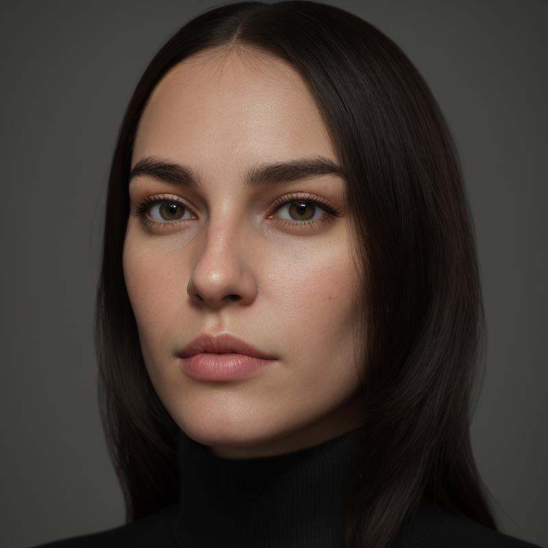 Hyperrealistic art of very sharpA cinematic skin texture style still image of a woman with long hair and a black turtle ne...