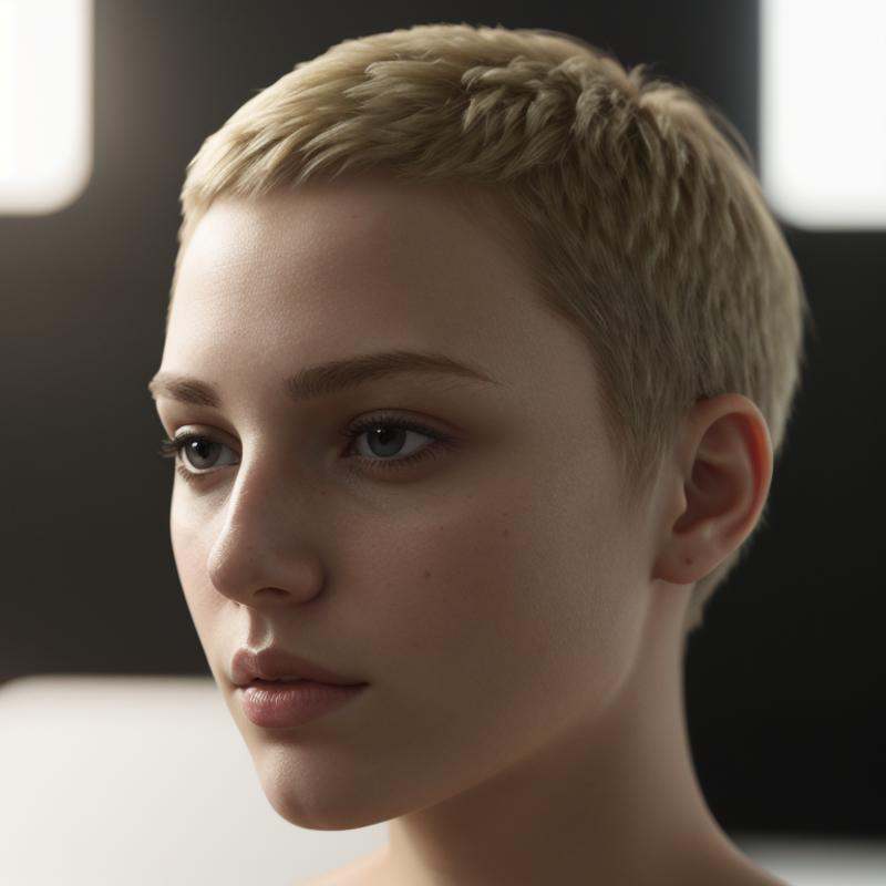 Hyperrealistic art of very sharpA cinematic skin texture style still image of a woman with a short blond hair and a white...