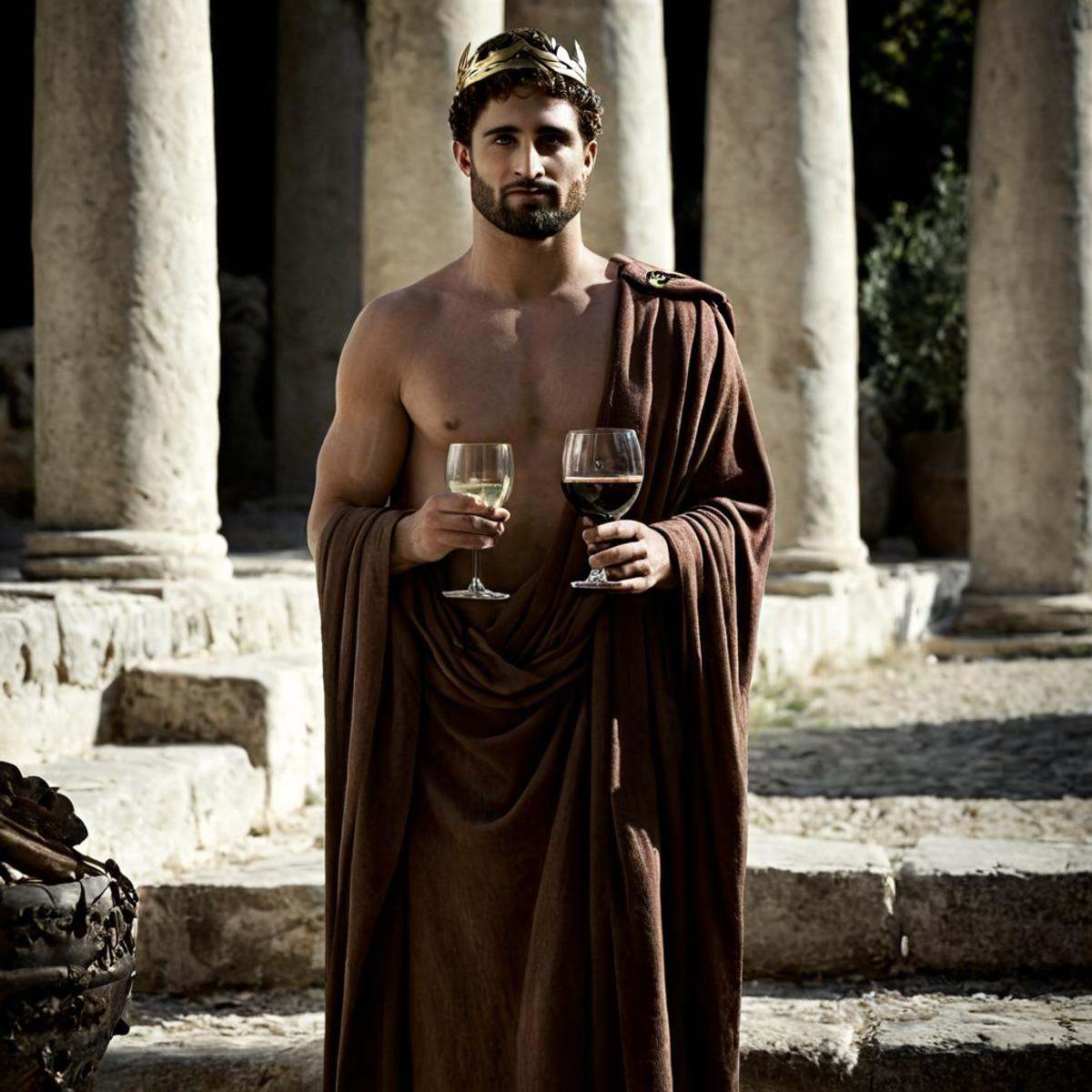 cinematic film still of 1 realism perfect Chiaroscuro Lighting Style In ancient mythical legendary world,  Dionysus a man...