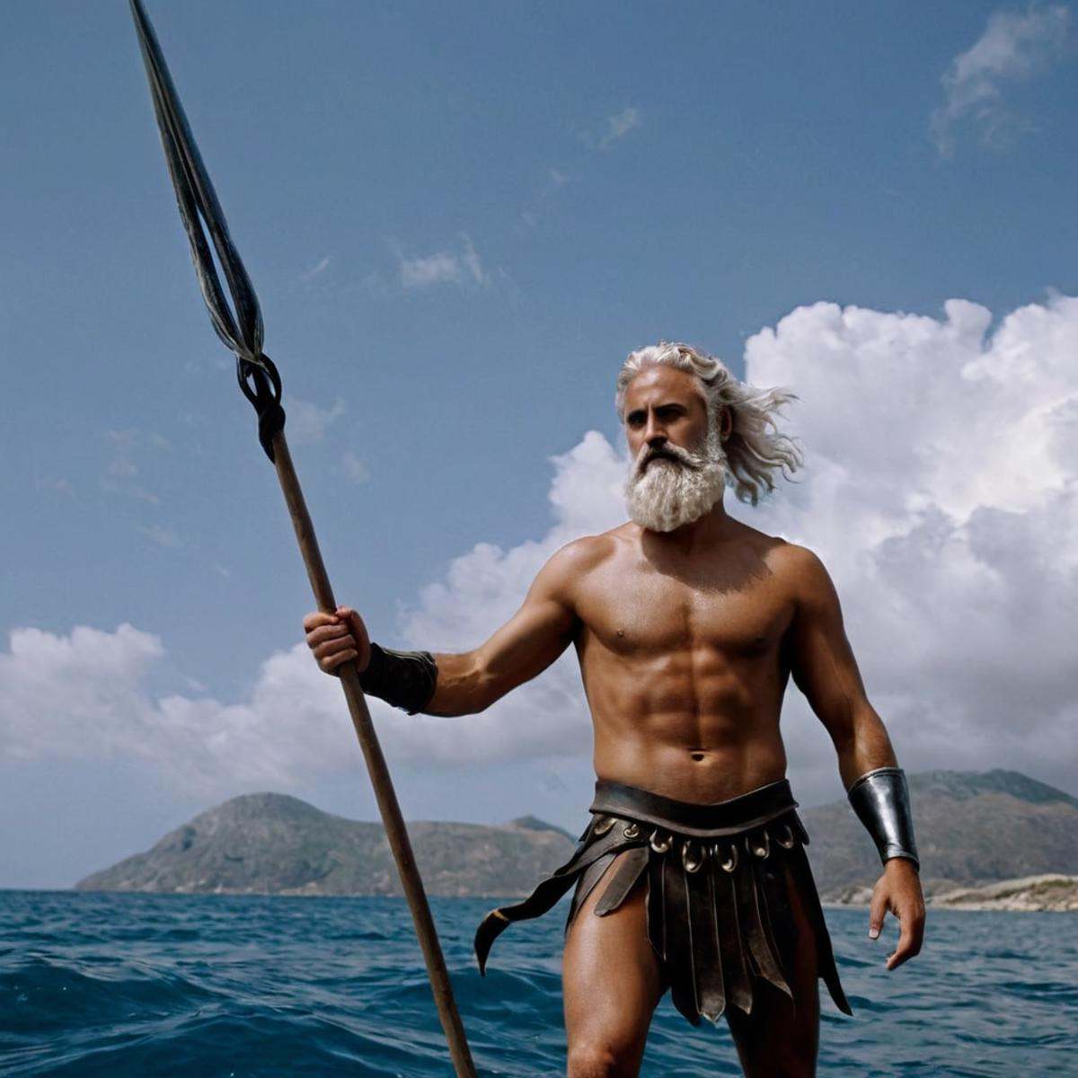 cinematic film still of 1 realism perfect Chiaroscuro Lighting Style In ancient mythical legendary world,  Poseidon a pain...