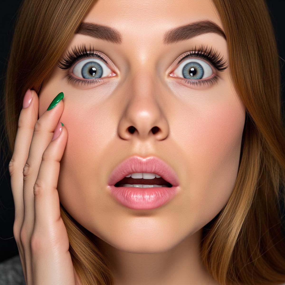 cinematic film still A cinematic skin texture style still closeup image of a very suprised woman with a green nail polish...