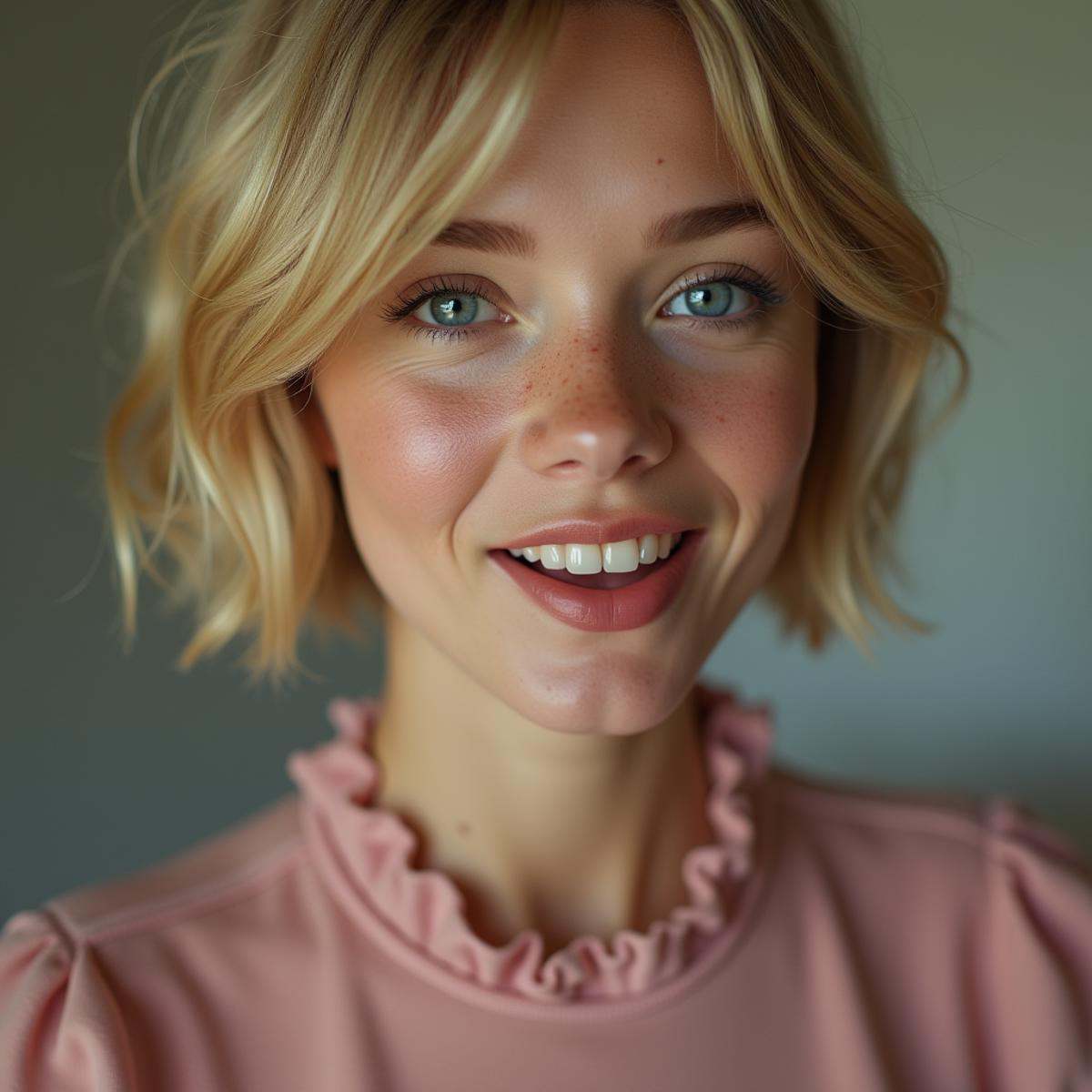 sharp detailed edges,  A cinematic skin texture style still image of a woman with blonde hair and a pink dress,  detailed...