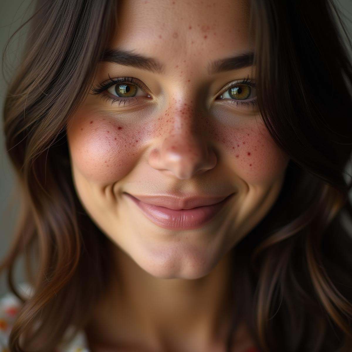 A closeup of a detailed sharp edges of a pretty woman with freckles smiling at camera,  very realistic,  cinematic on Tens...