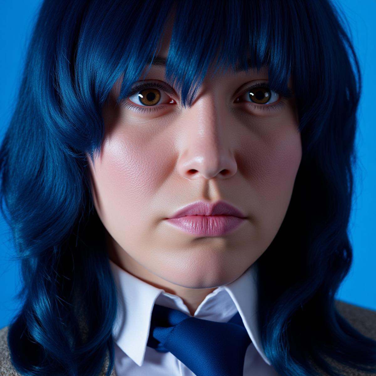 cinematic film still A cinematic skin texture style still image of a woman with blue hair and a tie,  detailed skin pore,...
